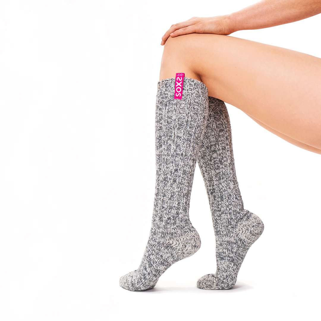 SOXS Grey Wool Women Knee High Socks Bubblegum label | Warm Winter Women Knee Socks | SOXS.co