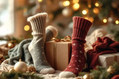 Luxurious wool socks in festive green, cream, and burgundy colors arranged around wrapped gift with pine branches