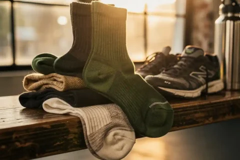 Premium merino wool athletic socks in earth tones arranged on wooden gym bench with running shoes and water bottle nearby