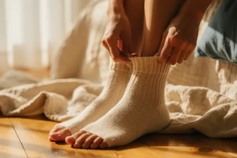 Hands pulling cream wool socks onto feet in cozy bedroom with warm wooden floors and natural morning light