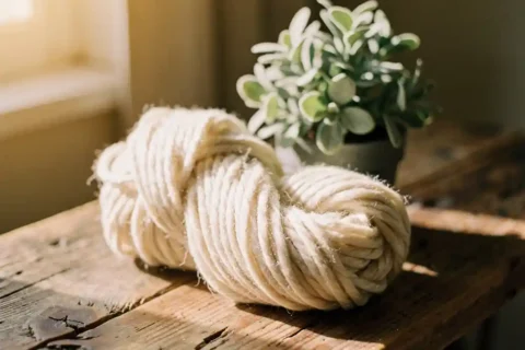 Cream wool yarn bundle next to potted green plant on reclaimed wood surface in warm natural light