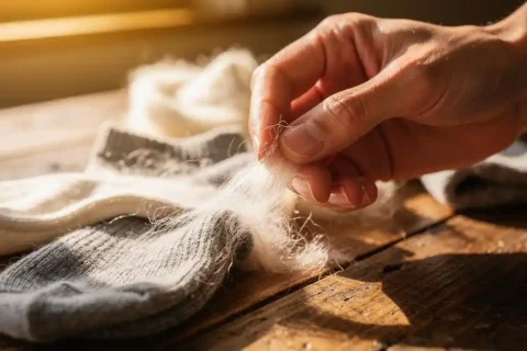 Fingers holding cream and gray New Zealand wool fibers above synthetic sock materials on wooden table in golden light