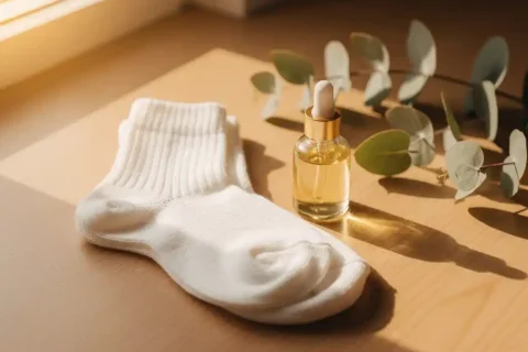 White wool socks on wooden surface beside tea tree oil bottle and eucalyptus leaves in natural sunlight