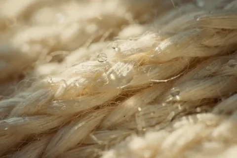 Cream-colored wool fibers with water droplets showing intricate scales and breathable texture in soft morning light