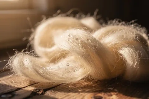 Cream-colored wool fibers with water droplets on rustic wooden surface, illuminated by warm morning sunlight