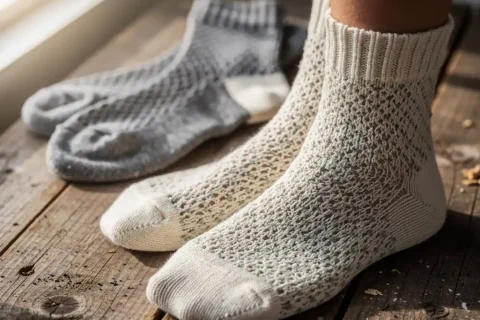 Three pairs of wool socks with distinct weave patterns arranged on weathered wood in cream, charcoal gray, and sage green tones.