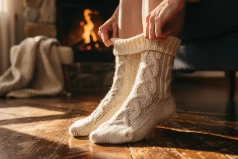 Thick cream cable-knit wool socks being pulled on beside crackling stone fireplace on rustic wooden floor