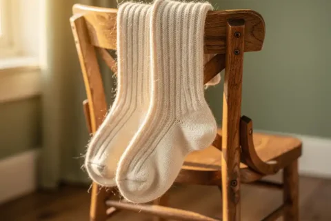Cream wool socks draped over rustic wooden chair in warm morning light with cozy home interior backdrop
