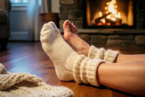 Thick cream wool socks being pulled onto feet beside crackling stone fireplace in cozy living room with wooden floors