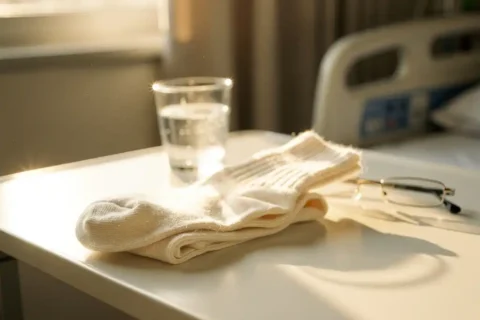 Cream wool socks folded on white hospital bedside table with water glass and reading glasses in soft sunlight