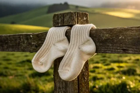 Cream wool socks draped over wooden fence post with rolling green New Zealand hills in misty morning to golden sunlight
